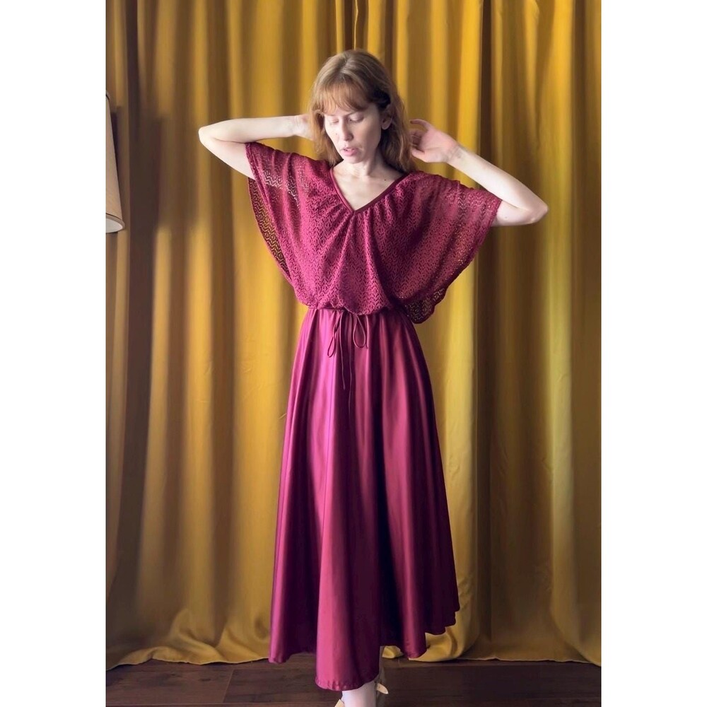 Vintage 1970s Burgundy Flutter Sleeve A-line Midi Dress, medium - Picture 3 of 7
